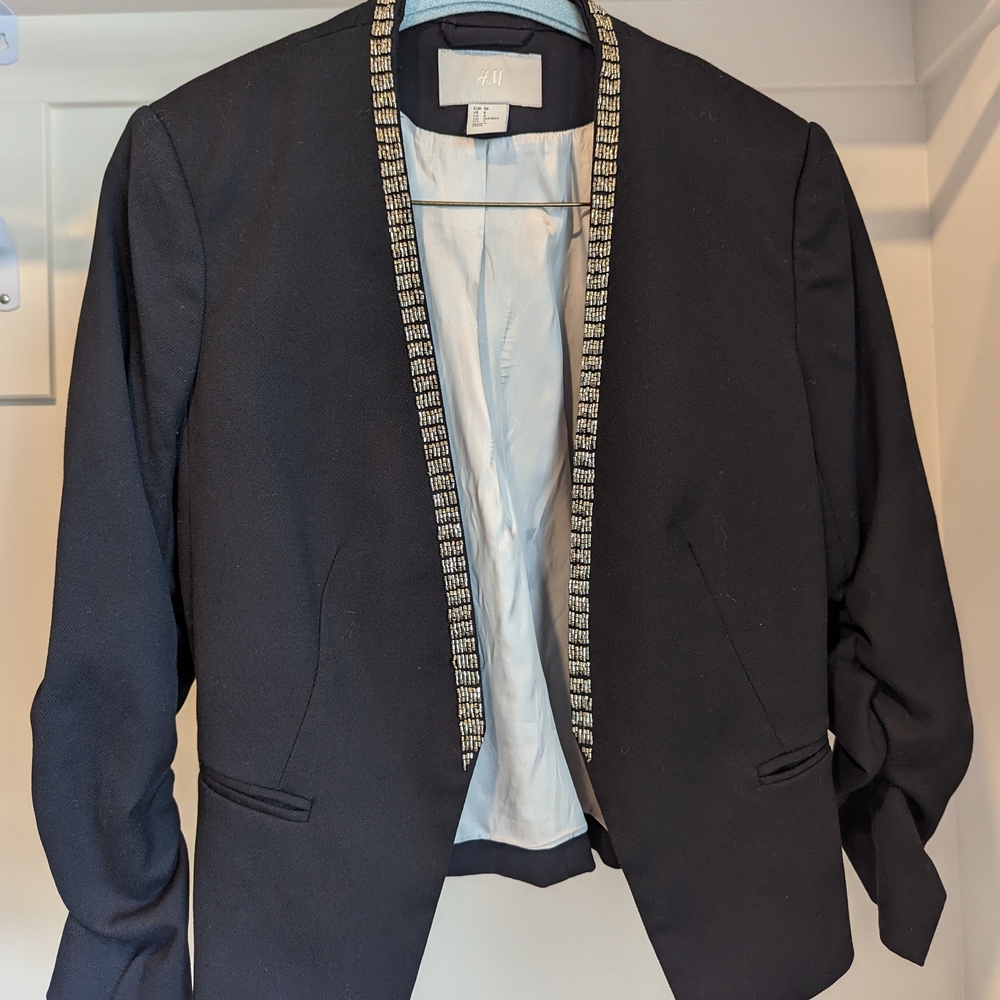H&M Black Women's Jacket with Beaded Trim 3/4 Sleeves US Size 6 Blazer